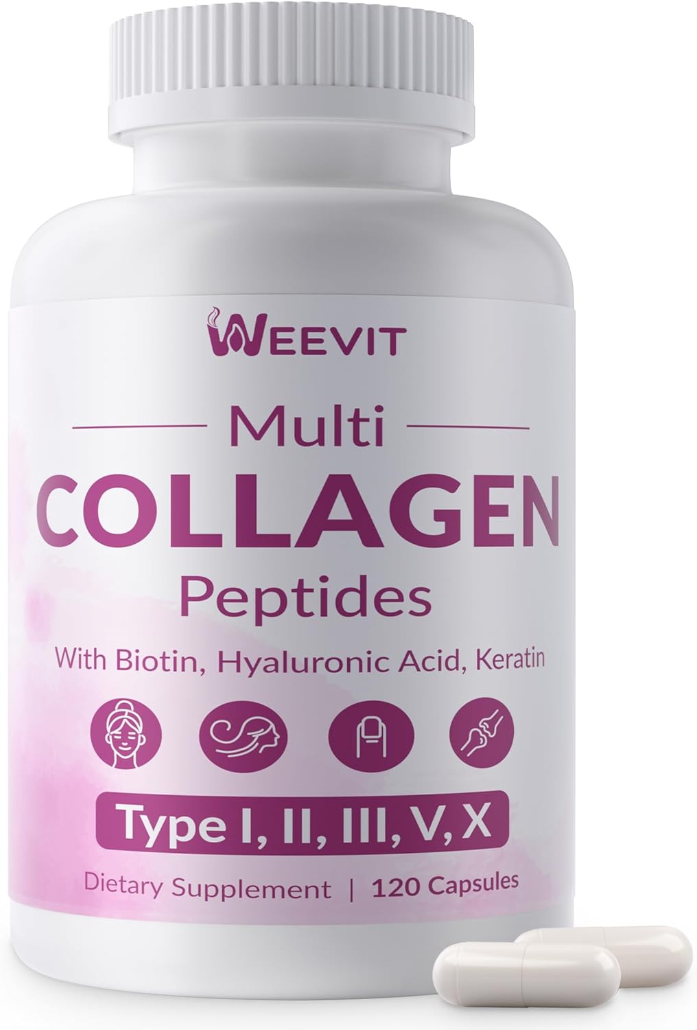 WEEVIT Collagen Peptides for Women, Hydrolyzed Collagen Capsules - Type I, II, III, V, X - 1500mg Multi Collagen with Biotin, Hyaluronic Acid, Keratin, Vitamin C