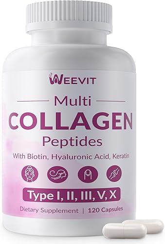 WEEVIT Péptidos de colágeno múltiple de 1500 mg para mujeres, tipo I, II, III, V, X, cápsulas de colágeno hidrolizado con biotina, ácido