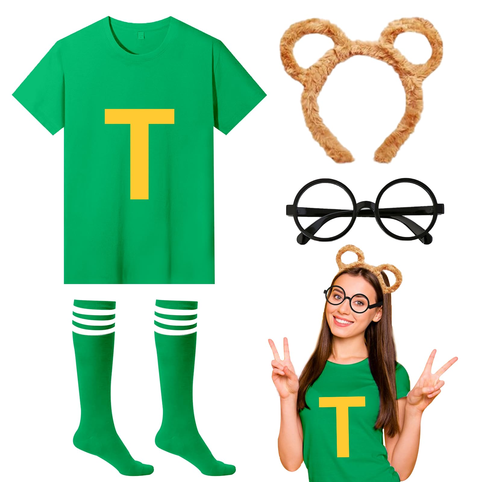 4Pcs Chipmunks Costumes Set with Chipmunk Headband Glasses T-shirt Soccer Socks, Chipmunks Fancy Dress Outfit Party Animal Cosplay for Adults Teens World Book Day Halloween Dress Up (Green, XXXL)