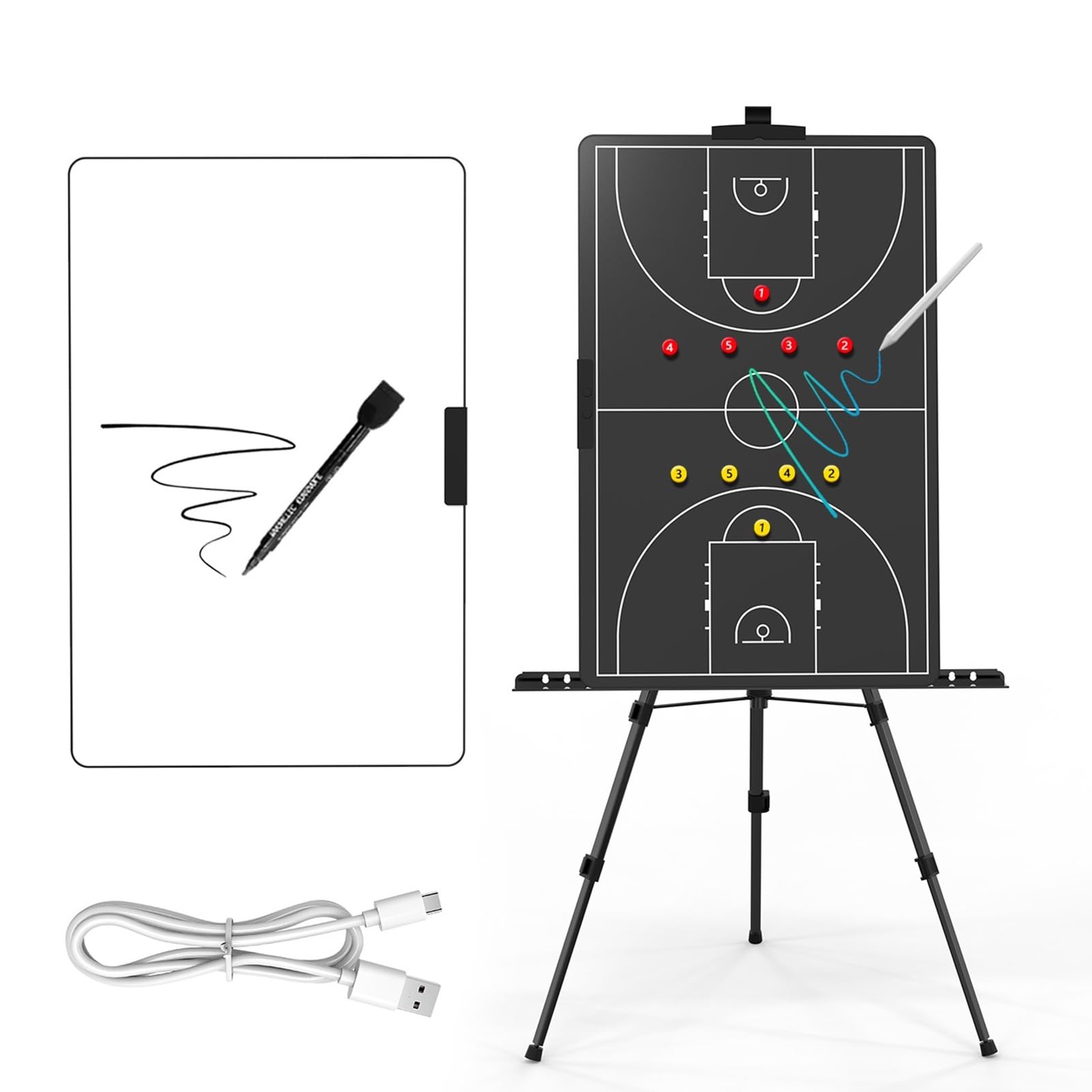 Taktyczna Tablica LCD do Koszykówki, Taktyczna Tablica do Piłki Nożnej | Z Regulowaną Podstawką, Łatwa W Obsłudze, do Treningów I Zawodów(Basketball)