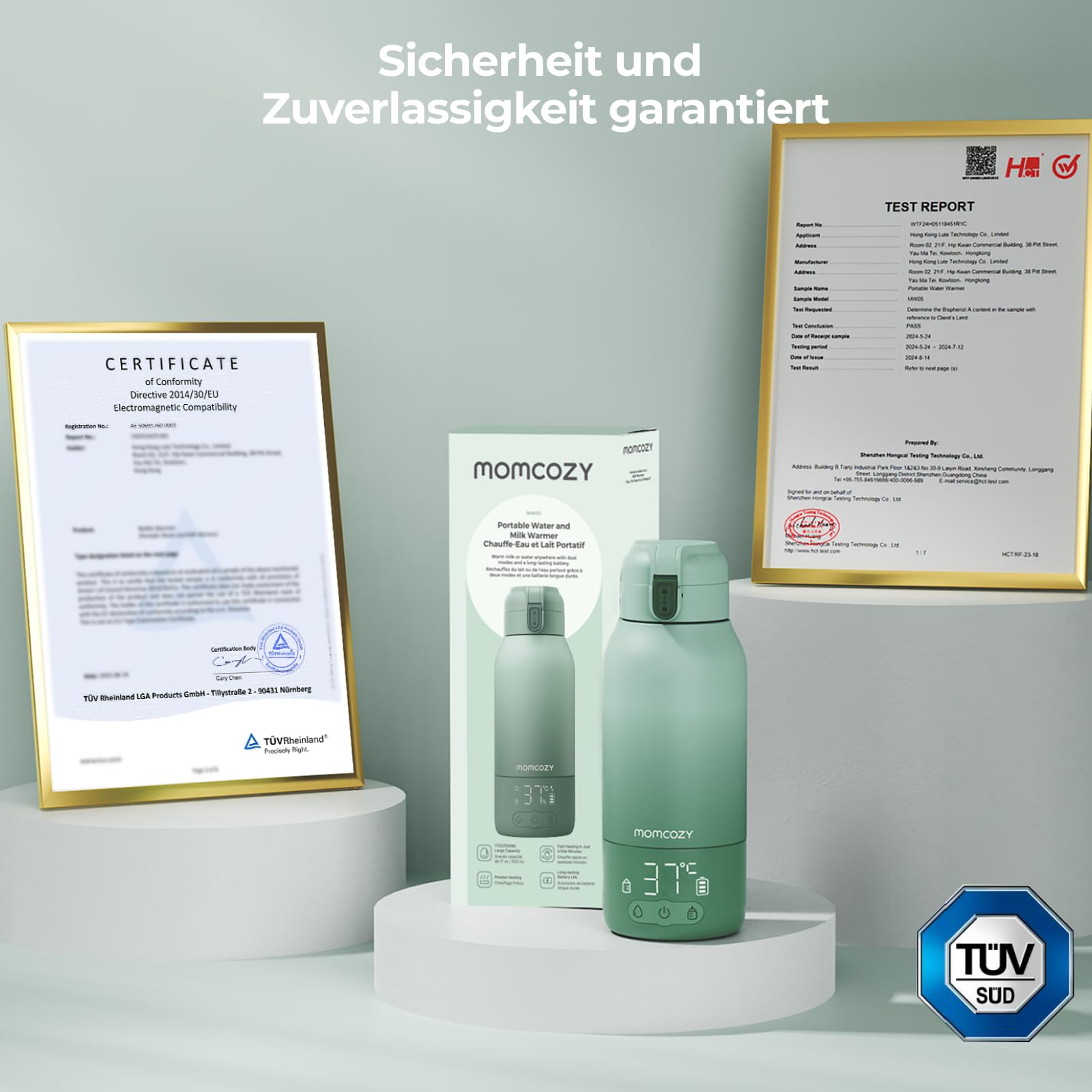 Momcozy MW05 Tragbarer Flaschenwärmer Baby 500ml Kapazität Akku TÜV-CE zertifiziert Schnellaufheizen 3 Min BPA-frei USB-C Kabel Grün
