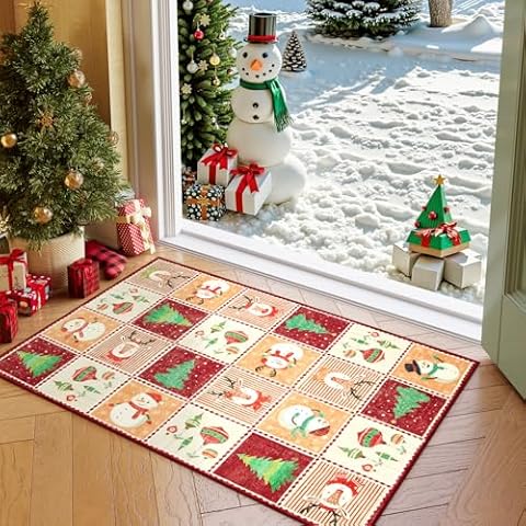 Wonnitar Christmas Rug, 2x3 Rugs for Entryway Washable Red Kitchen Rugs, Christmas Bathroom Rug Non Slip Snowman Elk Print Doormat Xmas Decor Holiday Throw Rugs for Bedside Sink Cover