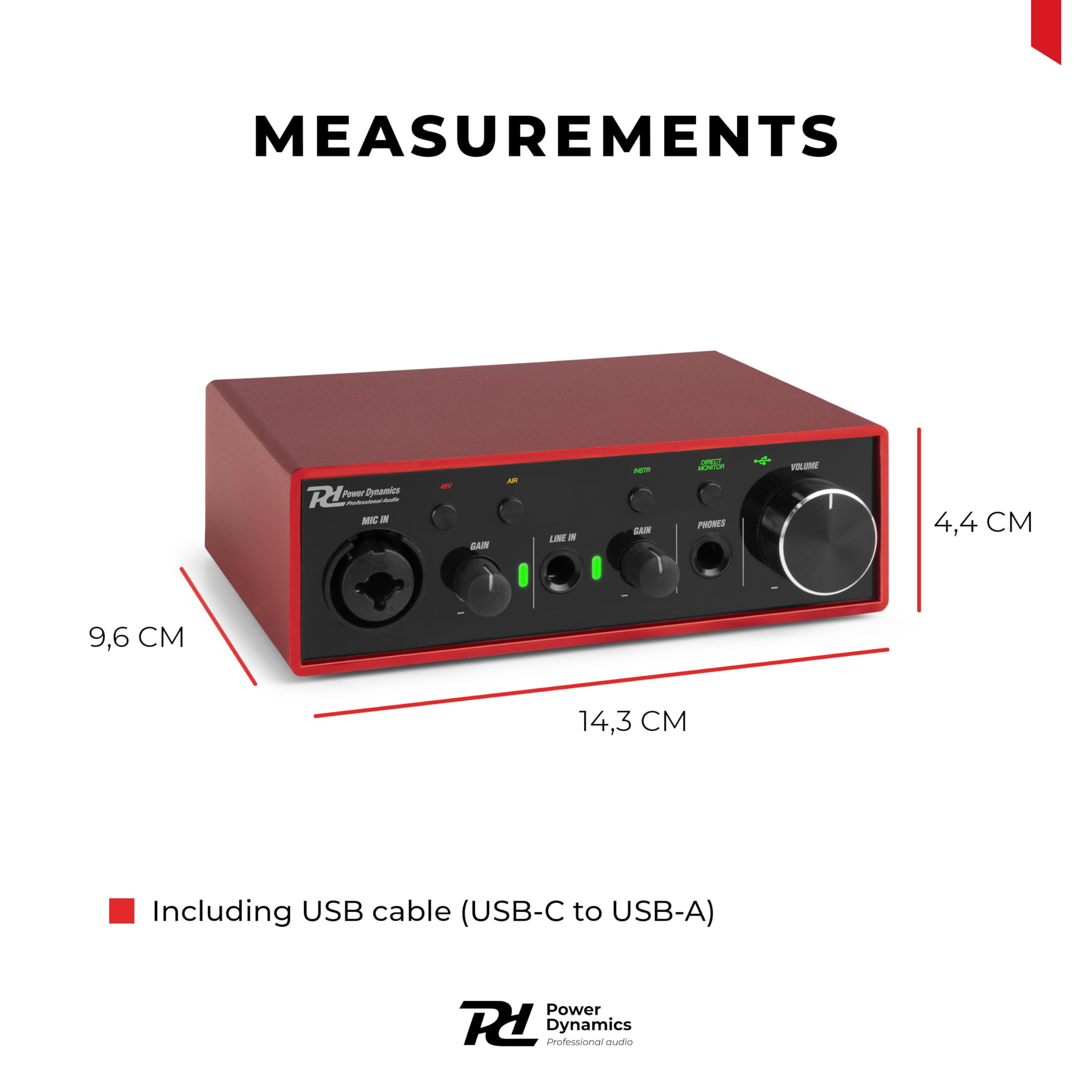 Power Dynamics PDX11 - Interfaccia audio USB - Alimentazione phantom 48 V, cavo USB-C incluso, 2 ingressi Micros/strumenti, 1 uscita cuffie, ideale per musicisti, compositori e Home Studio
