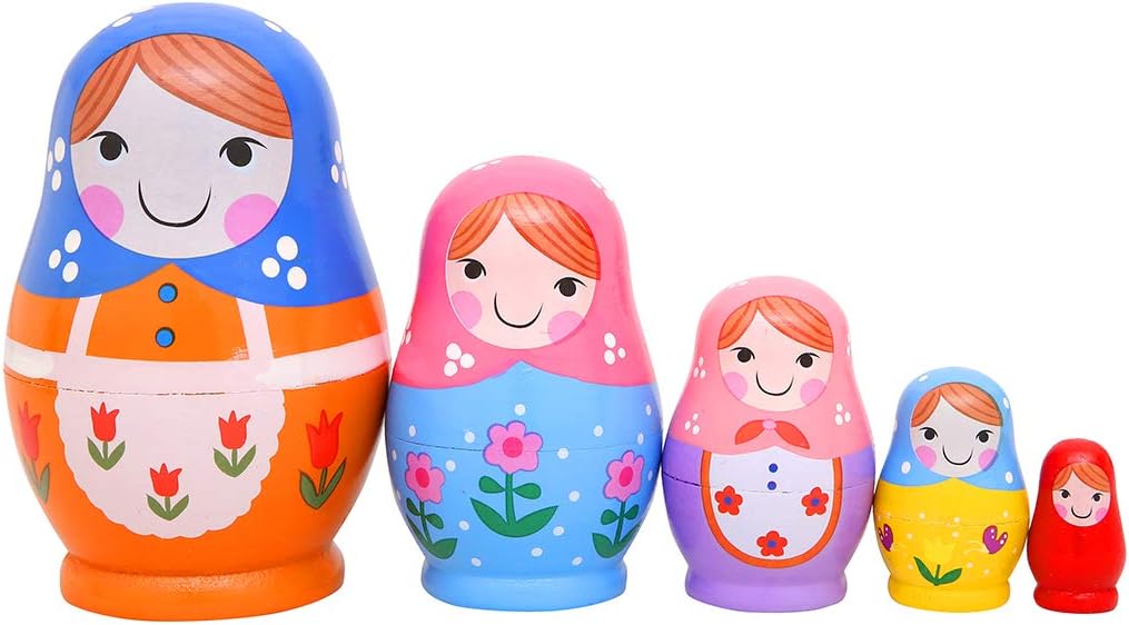 Monnmo 5Pcs Handmade Wooden Russian Nesting Dolls Matryoshka Dolls - Stacking Doll Set of 5 from 4.3" Tall (Blue)