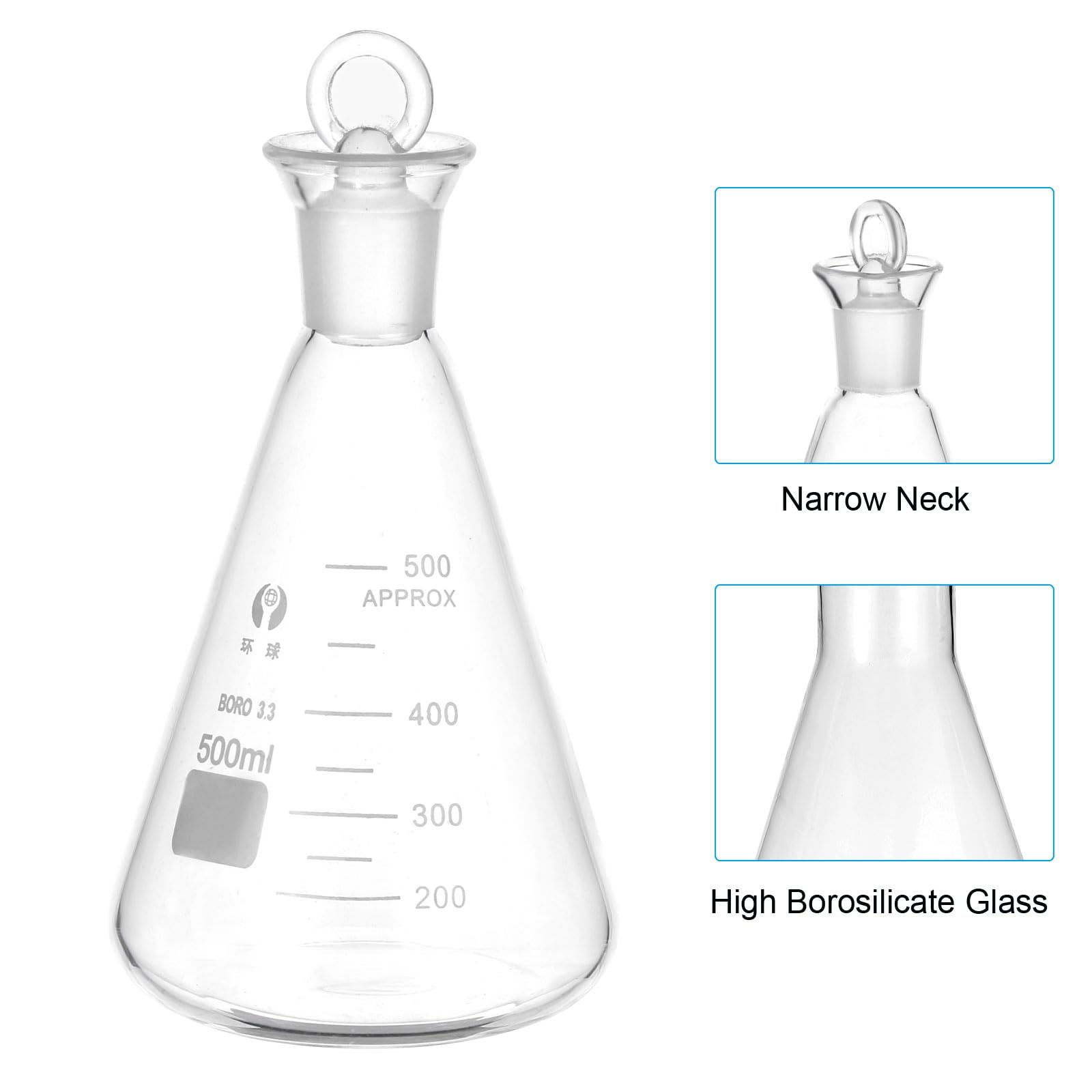 PATIKIL Pallone Di Erlenmeyer 2 Pezzi 500ml 16.9oz Bocca Stretta Con Tappo In Vetro Palloni Graduati In Vetro Borosilicato Con misura Stampata Per Esperimenti Di Chimica Scienza