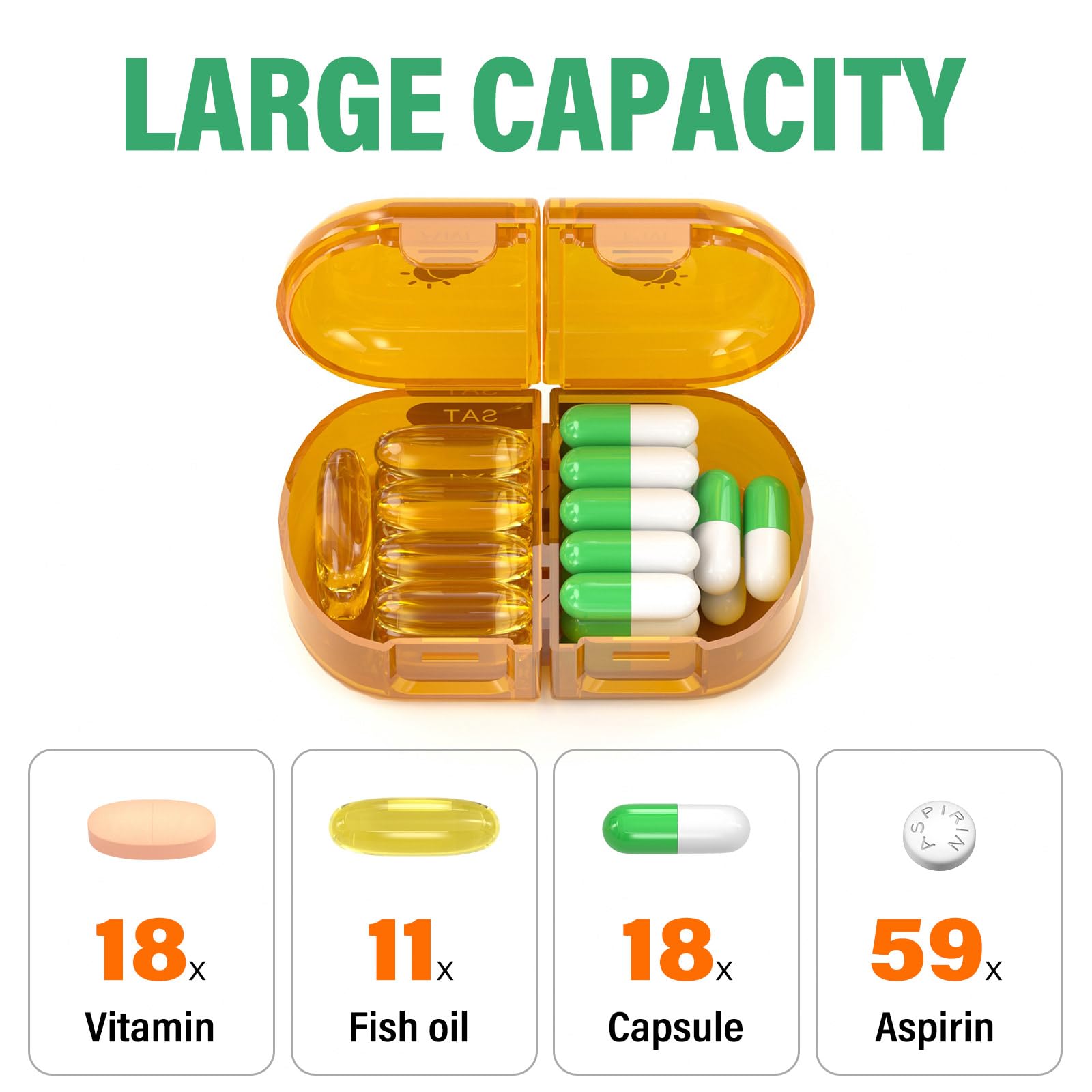Pilulier hebdomadaire 2 fois par jour, résistant à l'humidité, compartiments amovibles, pilulier Am Pm 2 x 7 jours, pilulier de voyage pour pilules/huile de poisson/médicaments/vitamines