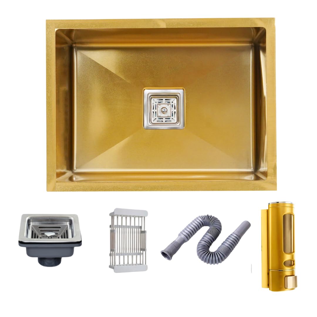 Bowls & More | Single Bowl | 24" X 18" X 10" Premium Handmade Kitchen Sink With Soap Dispenser | Sound Proof Single Bowl Stainless Steel Matt Finish (Gold) (B0CL5B8GH9) Amazon Price History, Amazon Price Tracker