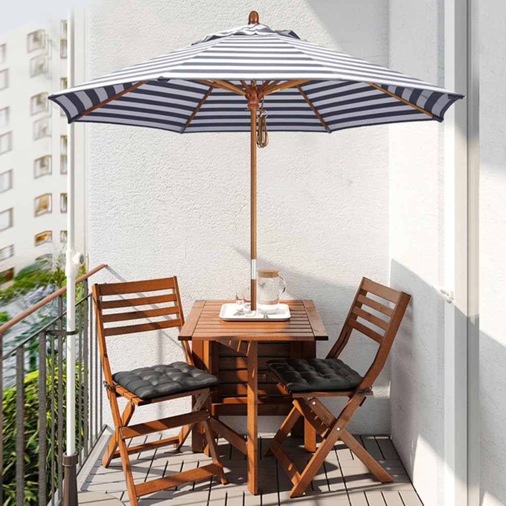 Duży Parasol Ogrodowy W Niebieskie Paski, 270 Cm, Okrągły Drewniany Parasol Tarasowy, Parasol Przeciwsłoneczny Do Stołów Ogrodowych, Tarasów I Basenów