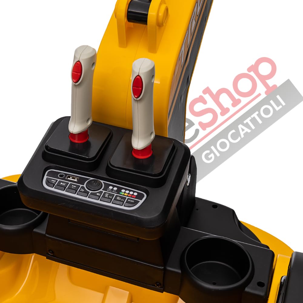 Tecnobike Shop Trattore Escavatore Elettrico Braccio Meccanico Per Bambini 12V con Radiocomando Luci LED Lettore Mp3