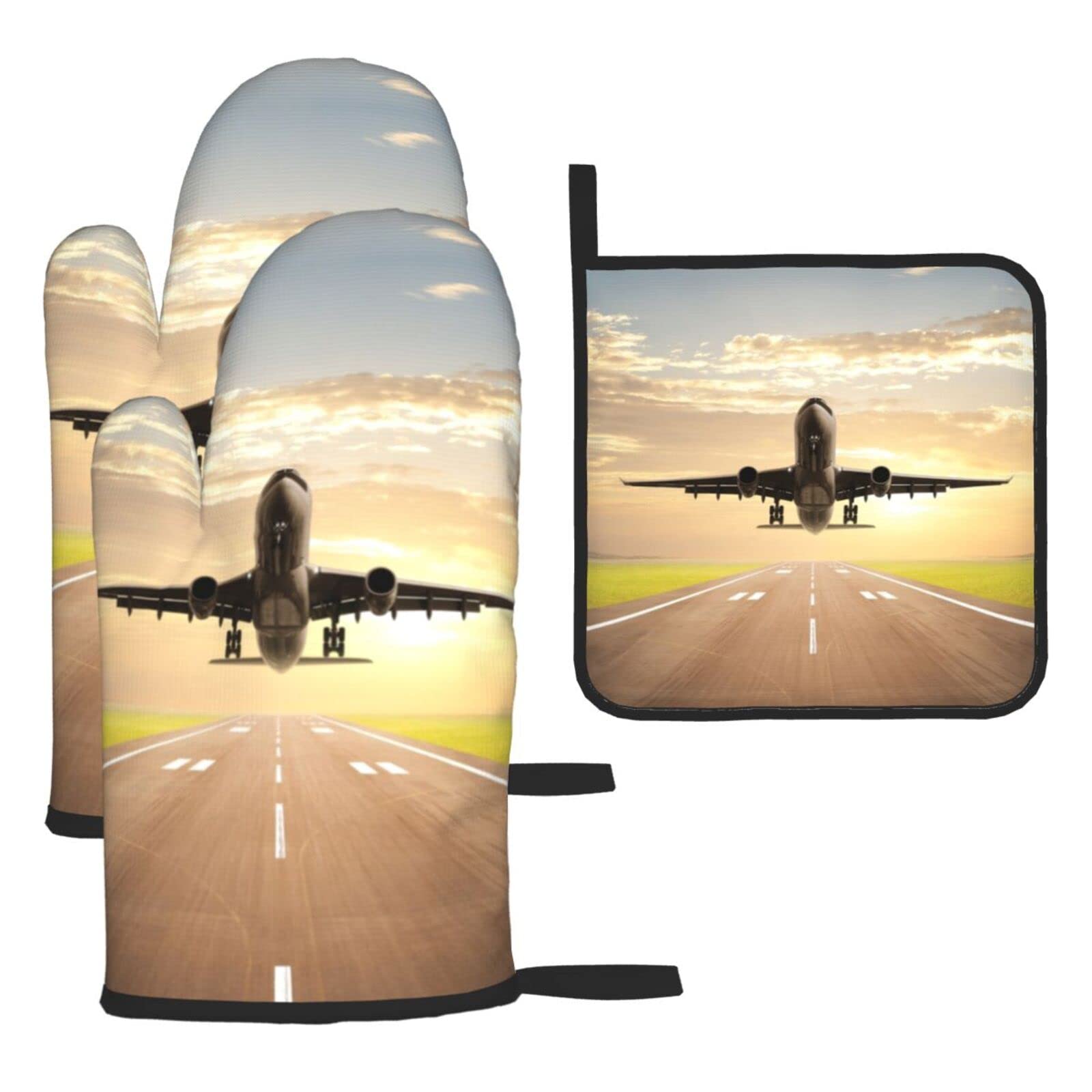 Airplane Oven Mitts and Pot Holder Kitchen Set for Grilling, Cooking, Baking, Heat Resistant