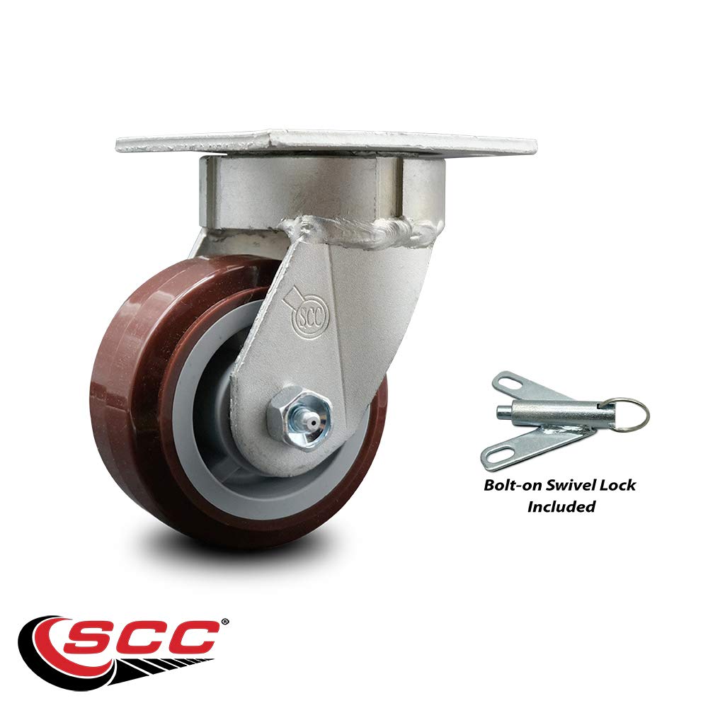 Kingpinless Polyurethane on Polyolefin Swivel Top Plate Caster w/4" x 2" Maroon Wheel & Bolt on Swivel Lock - 600 lbs Capacity/Caster - Service Caster Brand
