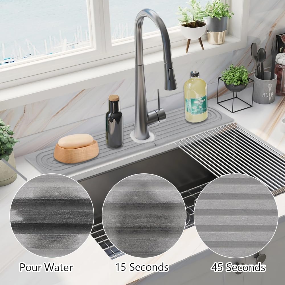 Tiiyee Stone Faucet Mat for Kitchen Sink, 23.6 Inch Diatomite Drying Stone Mat Sink Protector Quick Dry Water Absorbing Splash Guard Tray Prevents Moisture for Bathroom RV Bar Countertop, Drip Catcher