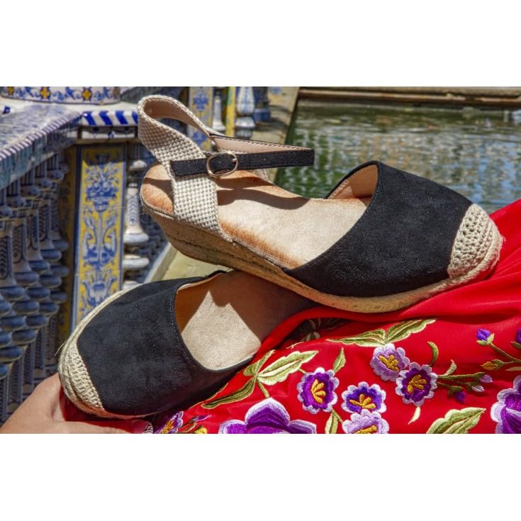 Benavente – Cuñas Mujer Esparto Abril Rojo | Alpargatas Cuña Mujer Media 4 Cuerdas Con Hebilla Al Tobillo | Plantilla Memory Foam Y Gel | Punta Cerrada Y Talón Destalonado