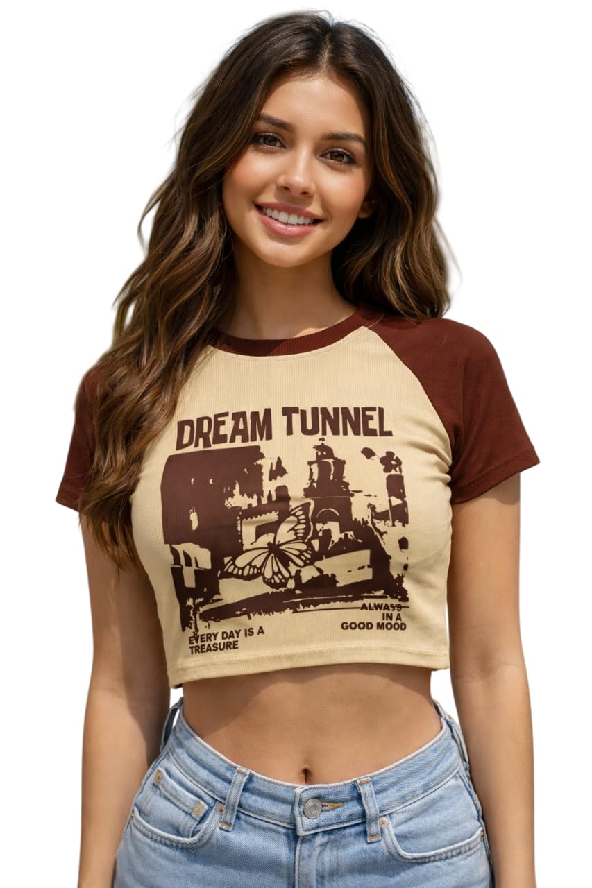 Dream Tunnel Graphic Crop Top, Raglan Short Sleeve, Beige and Brown