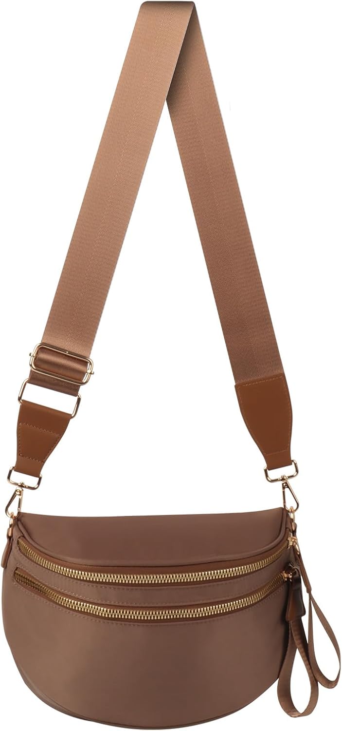女性用クロスボディバッグ クロスボディパース バムバッグ Lサイズ ファニーウエストパック 調節可能なストラップ付き キャラメルブラ
