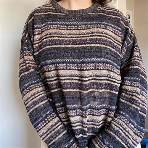 Women Vintage Striped Pullover Sweater Y2k Long Sleeve Crew Neck Loose Knit Sweaters Fall Winter Knitwear3