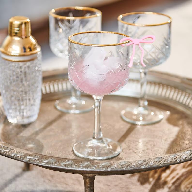Marcadores de bebidas con lazo rosa para decorar copas en cumpleaños y bodas coquetas 4