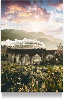 Mountain Steam Train Wall Art: Sunrise on Track, Grassland Painting, Railway Hills Picture for Bedroom Decor and Living Room Artwork, Size 16x11
