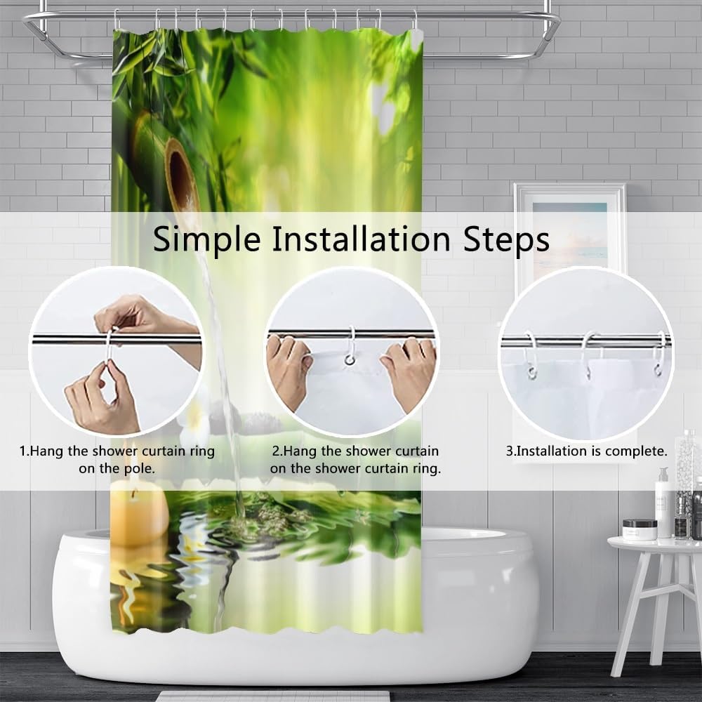 Leyiyi Spa Shower Curtain 3D Zen Garden Landscape Bathroom Curtains Spring White Floral Green Bamboo Black Stone Candle Water Ripples Waterproof Fabric Shower Curtain Set with Hooks 72x72 Inch