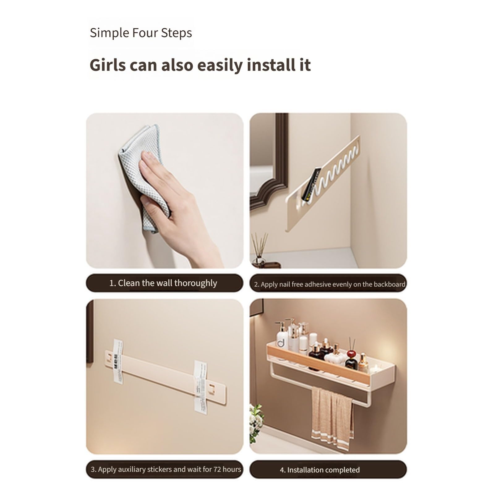 Badezimmer Wandregal ohne Bohren, Duschablage aus Kohlenstoffstahl mit Holzoptik, Wandorganizer mit Absturzsicherung, abnehmbares waschbares Fach, für Bad, Küche, Mietwohnung(White,40CM)