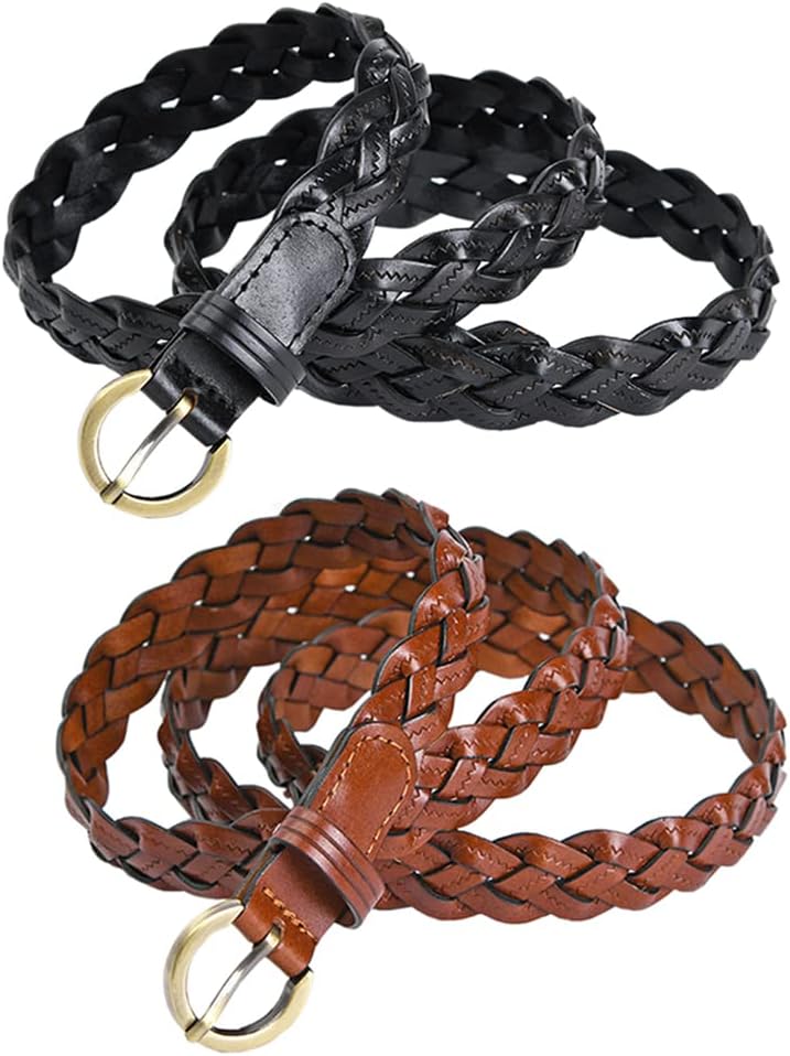 2 Pieces Braided Leather Belt for Women, 20mm Wide Vintage Dresses Waist Belt with Pin Buckle