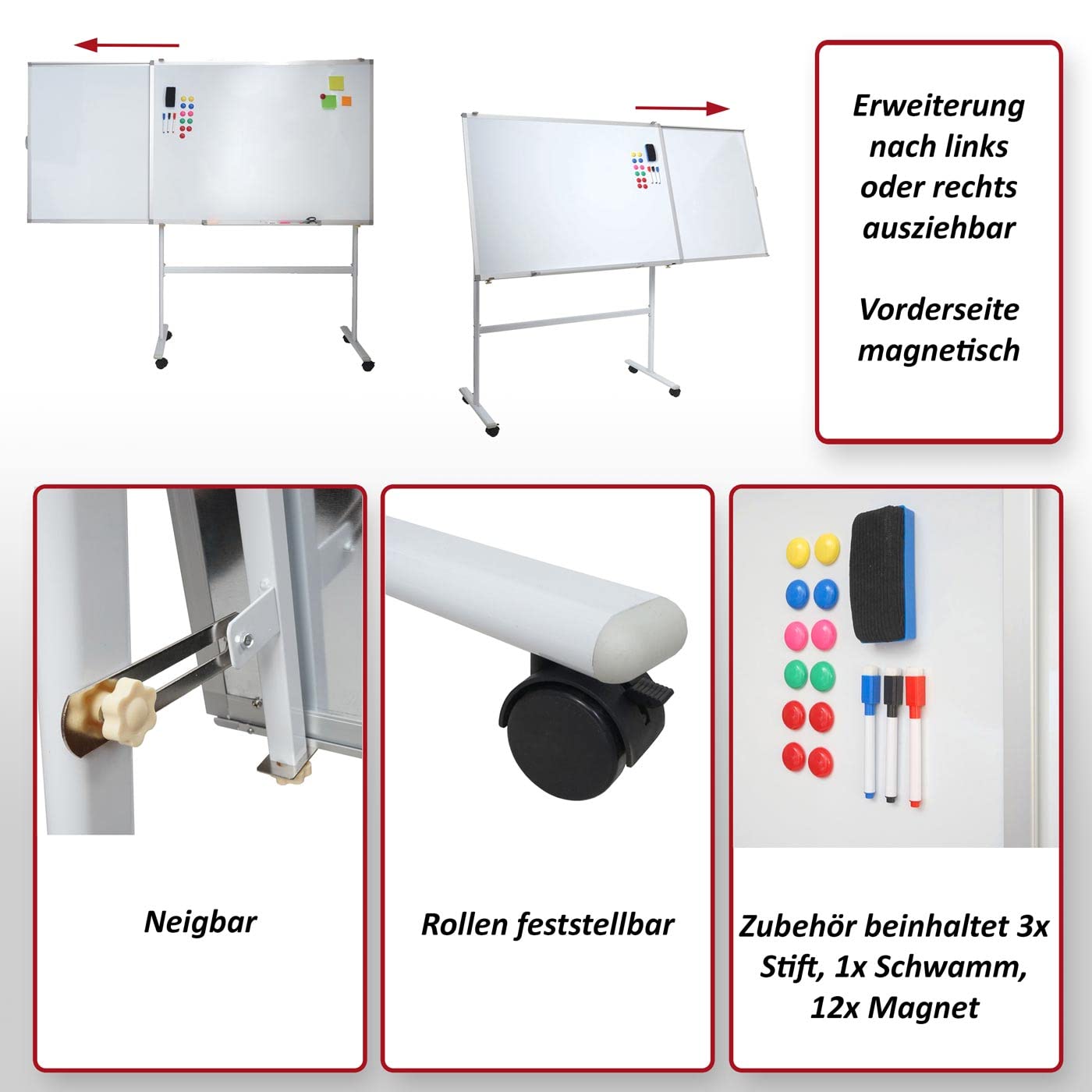 Whiteboard HWC-C85b, mit ausziehbarer Tafel Magnettafel Memoboard Pinnwand, mobil rollbar inkl. Zubehör, 167x186cm
