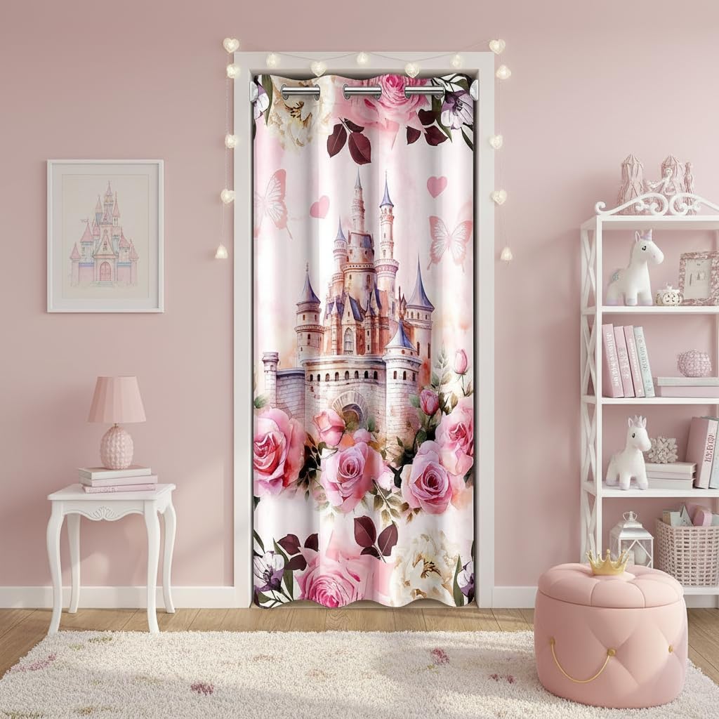 Girls Castle Door Curtain for Doorway Privacy,Dreamy Princess Castle Closet Door Cover Curtain for Bedroom Living Room,Pink Rose Flowers Room Darkening Curtain Butterfly Floral Curtain,W34 X L80