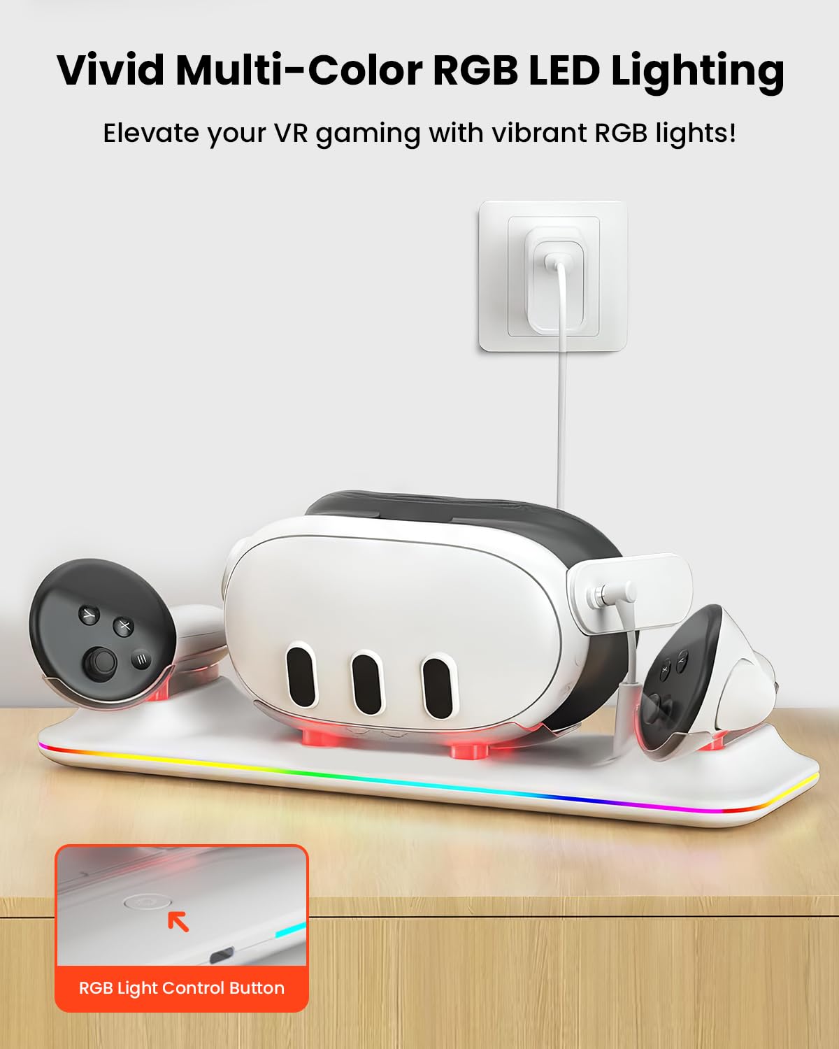GEEKERA Base de Carga Compatible con Meta Quest 3: Estación de Carga Magnética para Casco y Mandos, con Adaptador de 18 W, 2 Baterías Recargables y Luces RGB, Accesorios VR para Jugadores