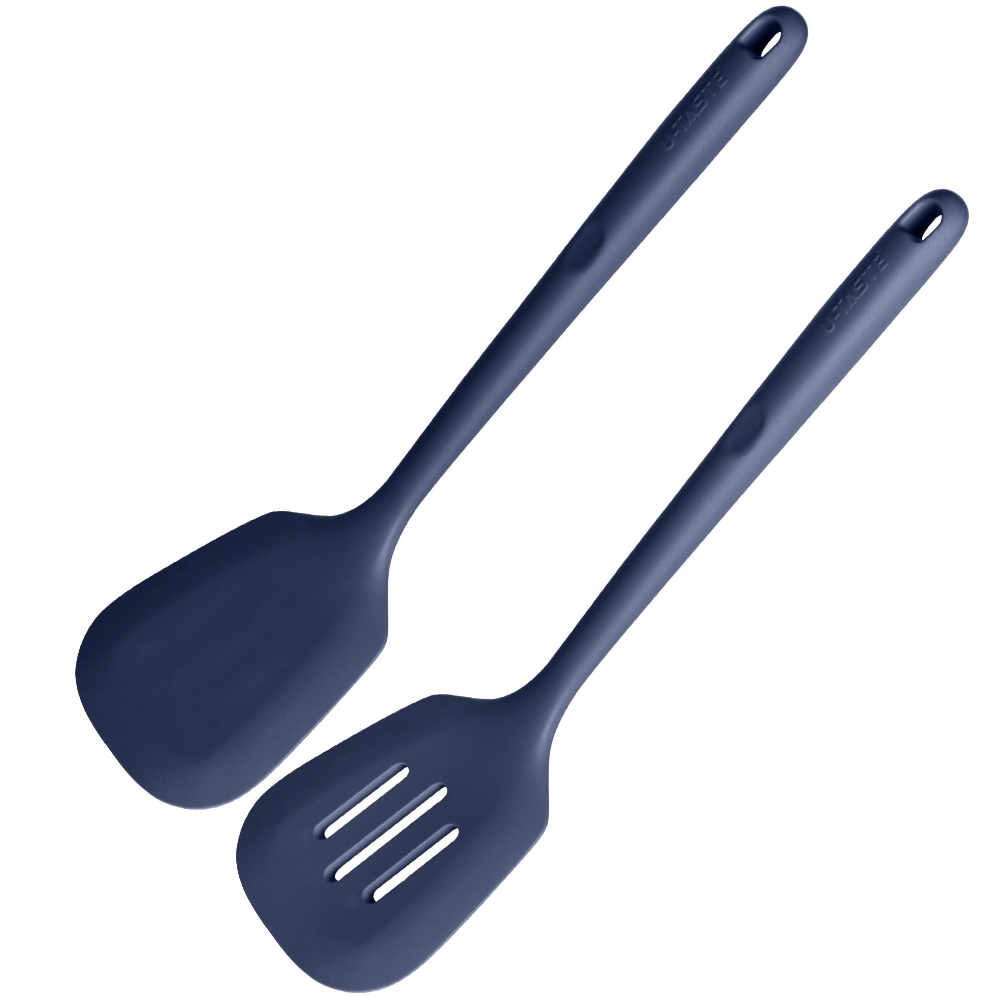 U-Taste Cooking Turners 2 Pack: 315℃ Heat Resistant Solid & Slotted Silicone Spatula Flipper, 35cm Long, 10cm Wide Large Rubber Kitchen Utensil for Turning Meat in Nonstick Cookware (Midnight Blue)