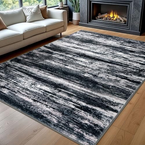KOZYFLY Rugs for Living Room 8x10 Modern Ombre Living Room Thin Area Rug, Washable Large Area Rugs Non-Slip Soft Striped Rug for Bedroom, Black Navy Blue Grey Abstract Carpet for Laundry/Kid Room