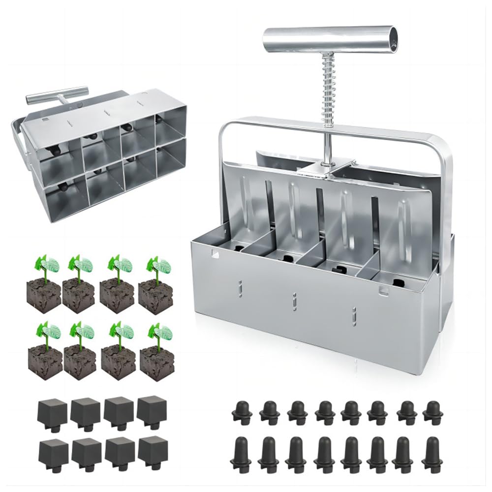 CHENTON soil block maker 2 inch Soil Block Maker 8-cavity 2 inch Comfort-Grip Handle Manual Blocker Gardening Tool with 3 Types of Pins for Garden Starter Soil Potting Plants