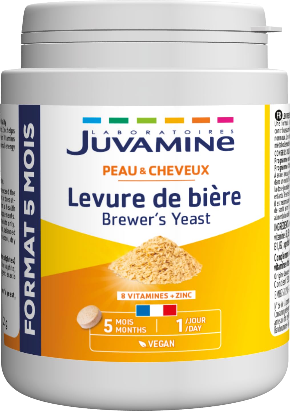 JUVAMINE Lievito di birra, bellezza della pelle, dei capelli e delle unghie, vitalità, vitamine B1, B2, B3, B5, B6, B8, B9 e B12 + zinco, programma di 5 mesi, prodotto in Francia