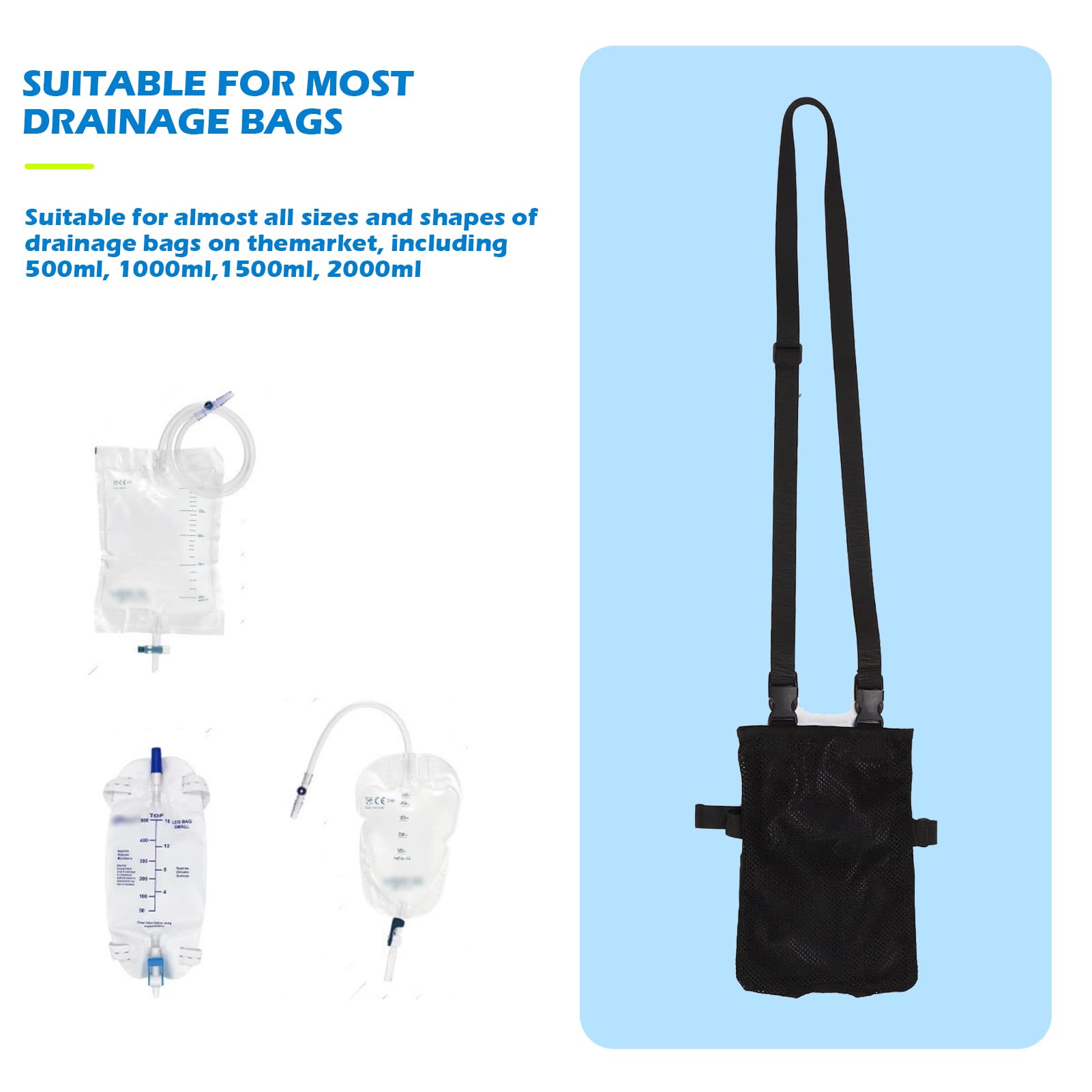 Bolsas para catéter universal, soporte elástico y versátil para catéter de pierna, bolsas de orina para llevar, correa de hombro ajustable y abertura invisible, usable y discreta (Negro)