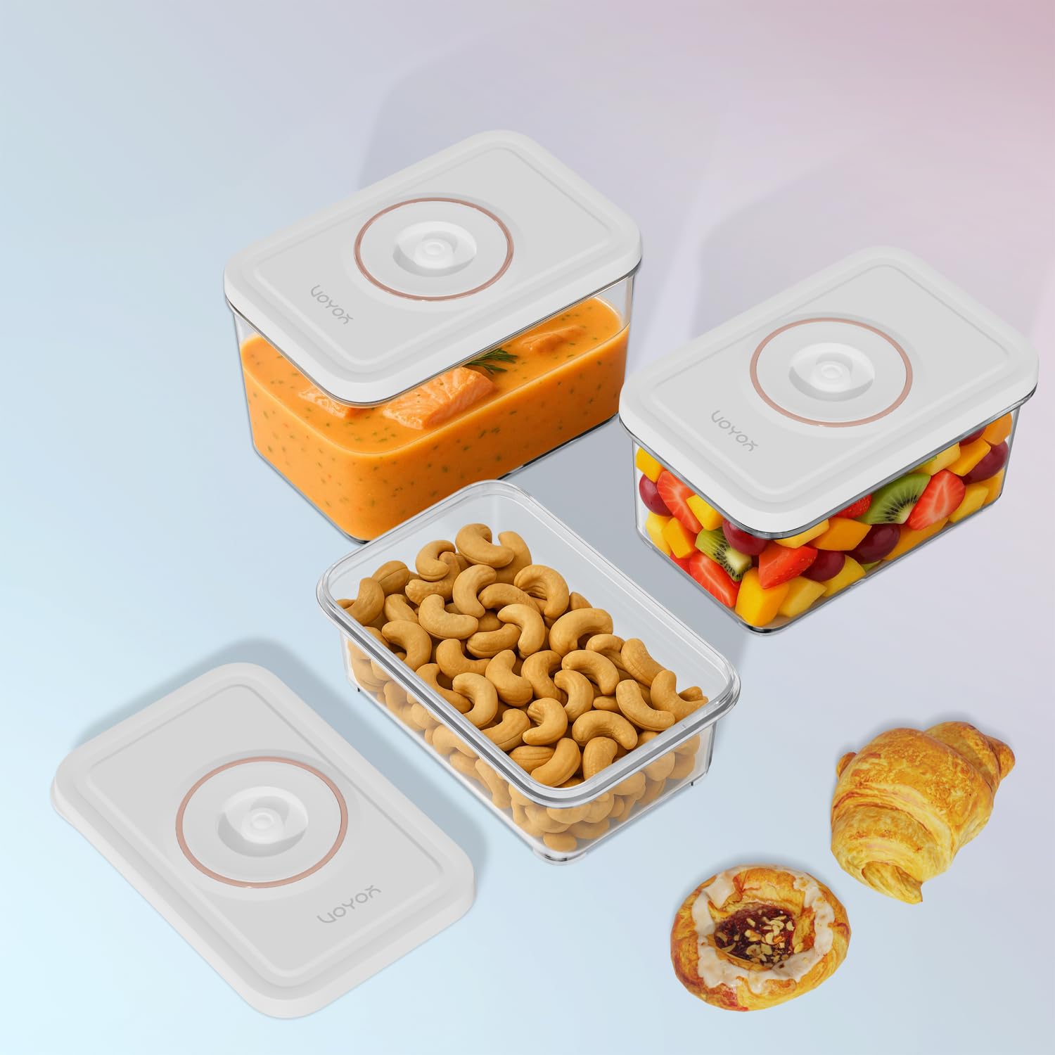 VOYOR Set da 3 Contenitori Sottovuoto Riutilizzabili per Alimenti (S/M/L) | Contenitori leggeri con valvola sottovuoto, ideali per meal prep e frigorifero organizzato. Macchina non inclusa
