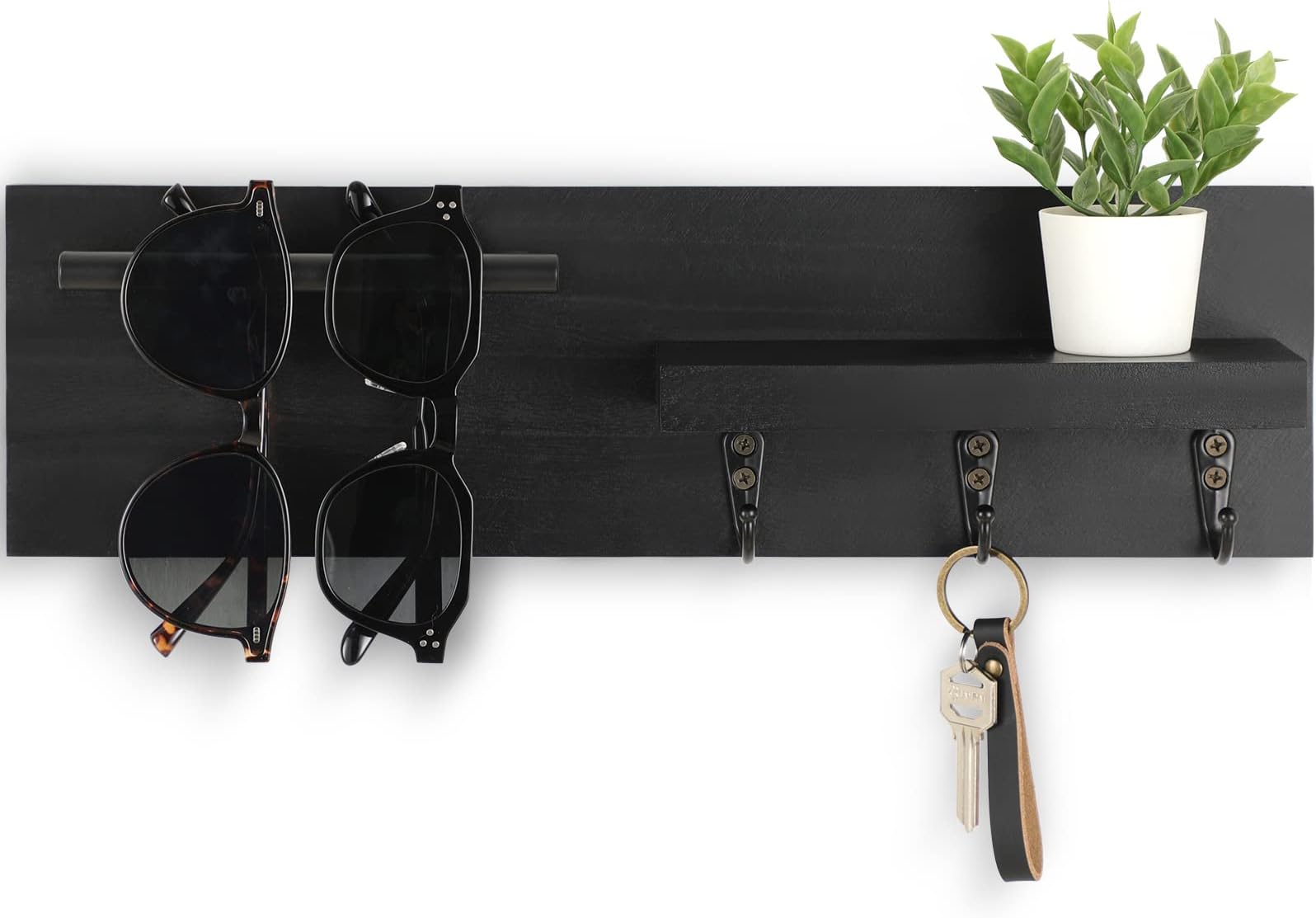 Key Holder for Wall, Decorative Entryway Shelf with Hooks Holds Keys, Dog Leash, Sunglasses – Key Hanger with 3 Hooks Organizes, Enhances Home Decor (15” x 4.5” x 2.6”) (Black)