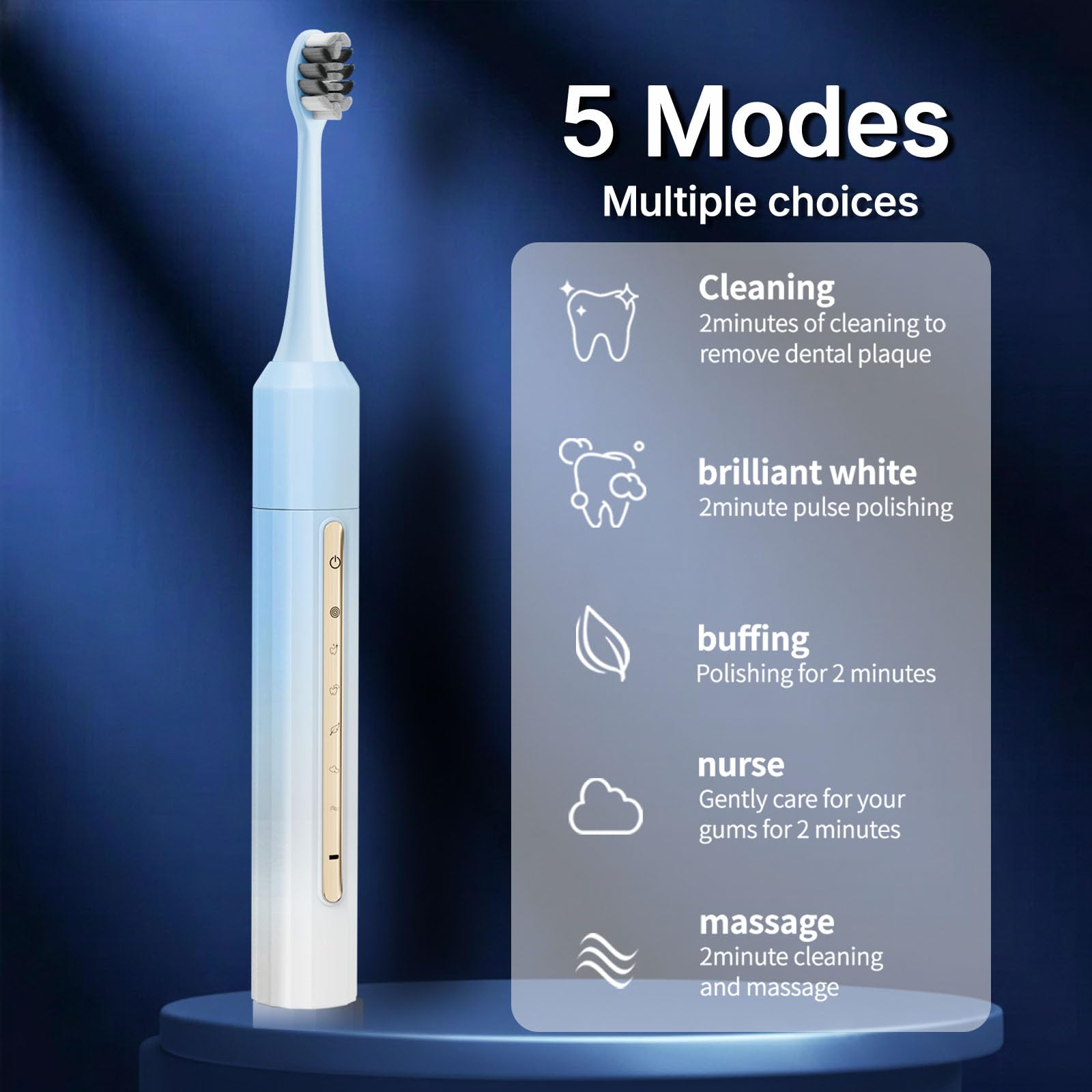 Fairir Cepillo de dientes eléctrico Sonic para adultos y niños, 10 cabezales de cepillo, batería de 30 días, 5 modos, temporizador de 2 minutos, impermeable IPX8, recargable y apto para viajes (azul y