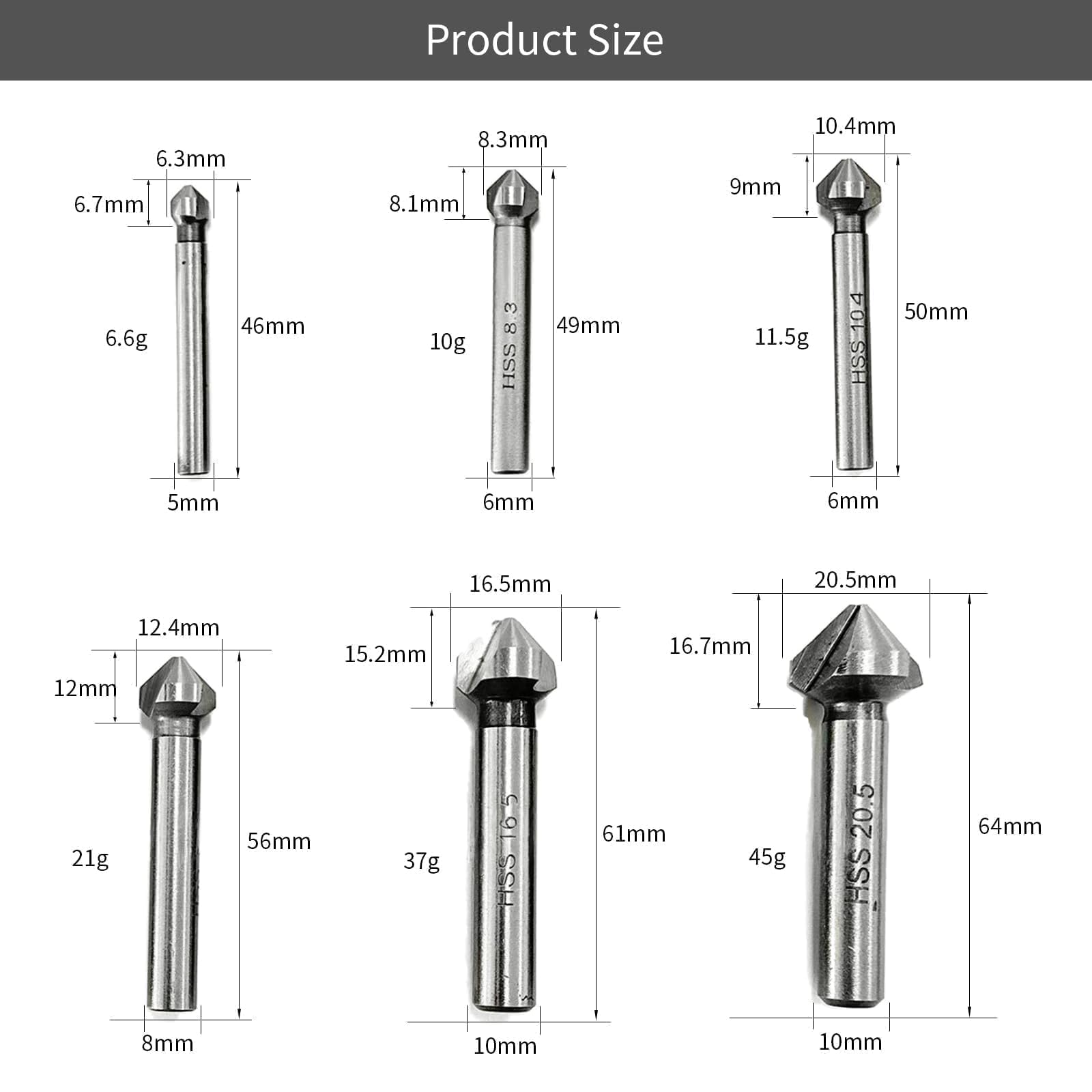 ANBOO Set of 6 Countersink HSS-G 90 Degrees 6.3/8.3/10.4/12.4/16.5/20.5 mm, Precise Drilling of Board Insulation Boards - Image 2