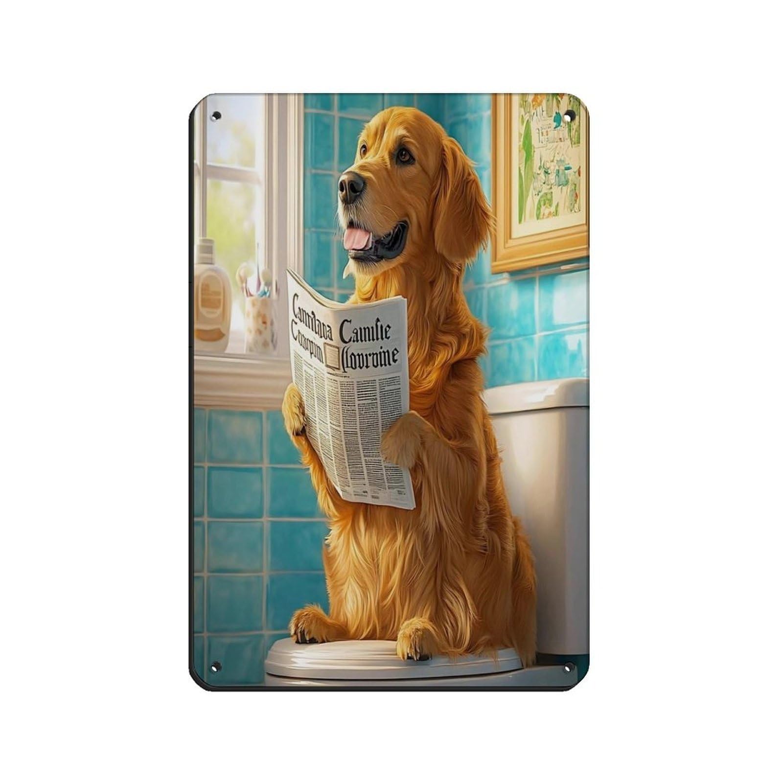 Lxwnze 20L X 30W Cm Golden Retriever Reading Newspaper Bathroom Retro Poster Metal Tin Sign Chic Art Retro Iron Painting Bar People Cave Cafe Family Garage Poster Wall Decoration 8X12inch(20X30cm)