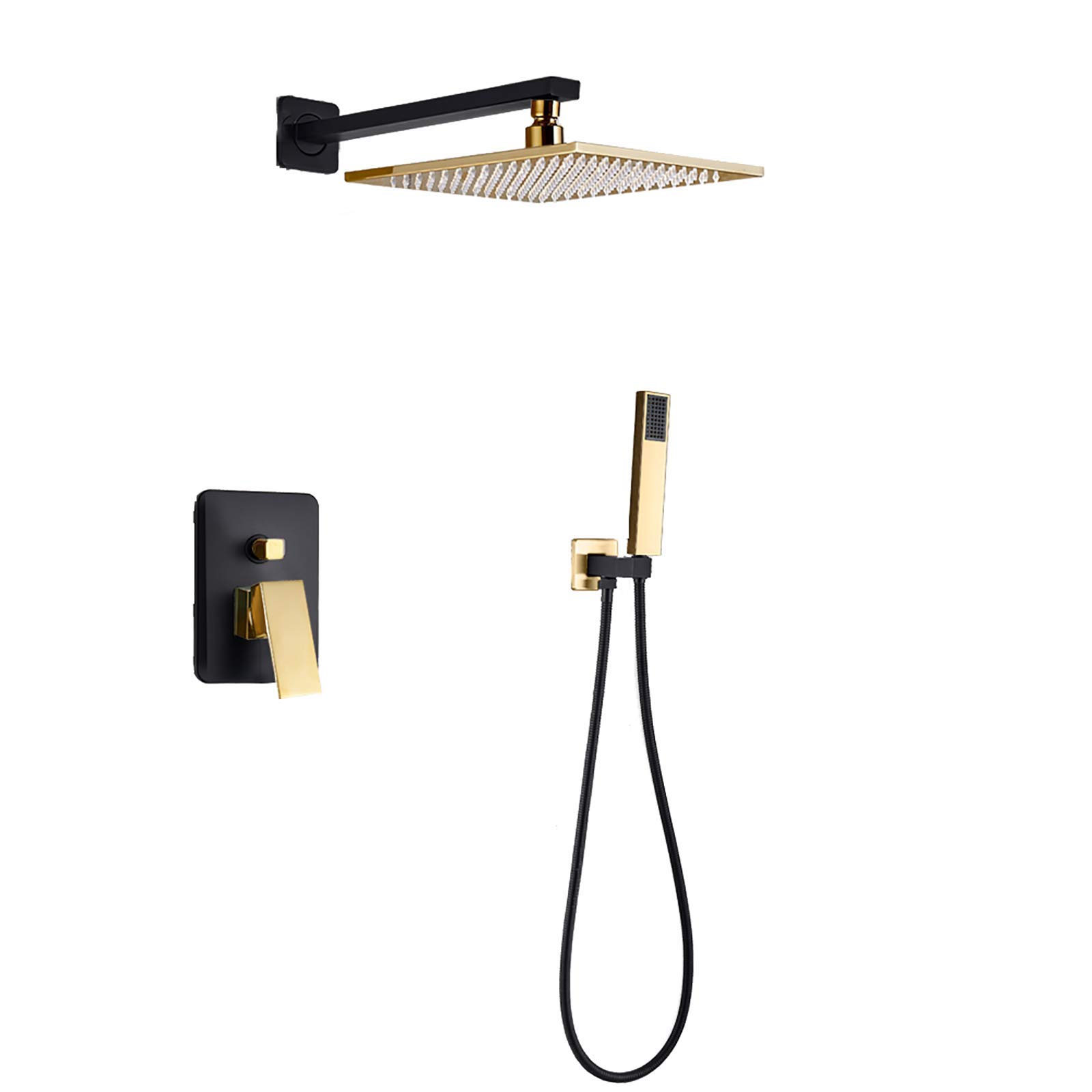 QUSYZD Gold and Black Rain Mixer Shower Combo Set Wall Mounted Bathroom Shower Faucet Set with Rainfall Shower Head, Handheld Shower,10 Inches,12 Inches,12 Inches