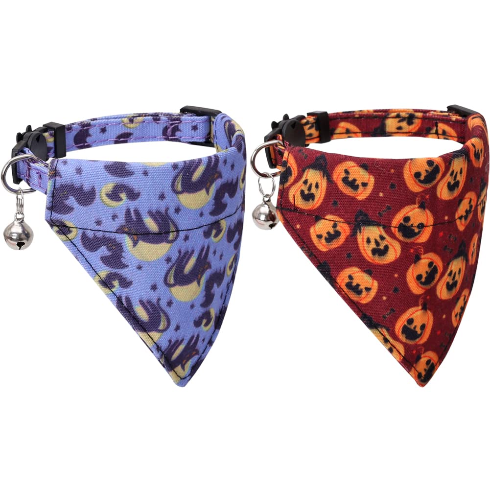 Lamphyface2 Pack/Set Halloween Cat Collar Breakaway with Removable Bandana and Bell for Kitty Adjustable Safety