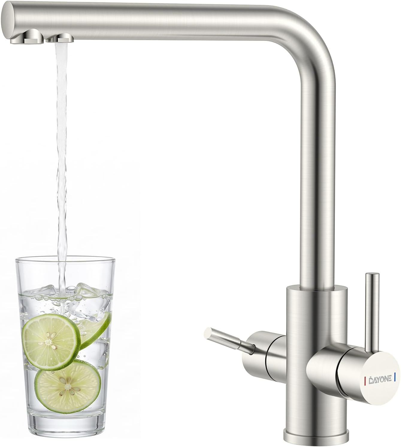 DAYONE 3 Way Kitchen Sink Tap, Drinking Water Tap, SUS304 Stainless Steel 360 Swivel Water Sink Tap, Dual Lever 3 in 1 Water Filter Tap Kitchen Mixer Tap 1 Hole, UK Standard Kitchen Faucet, Brushed