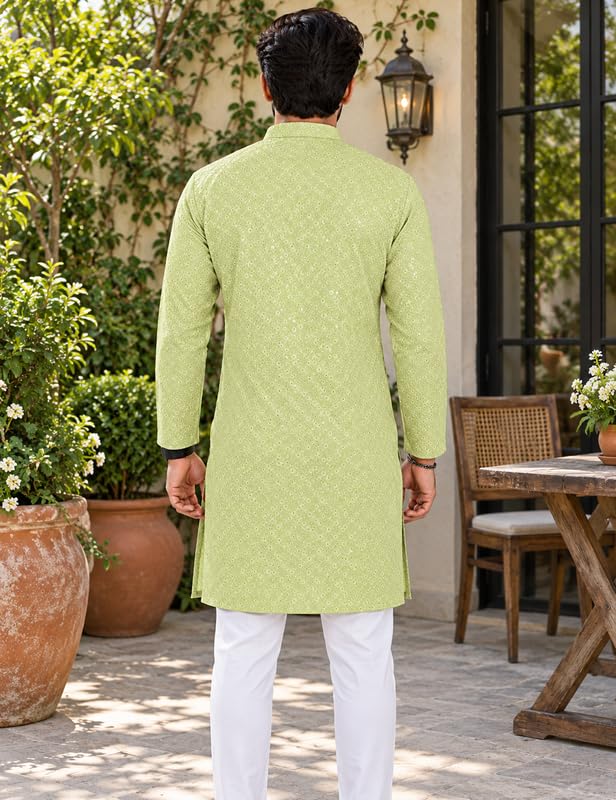 Image of Men's Lakhnawi Chikankari Kurta Set Cotton Ethnic Kurta Pajama for Men Wedding Festive Designer Indian Outfit Stylish Embroidered Kurta Set