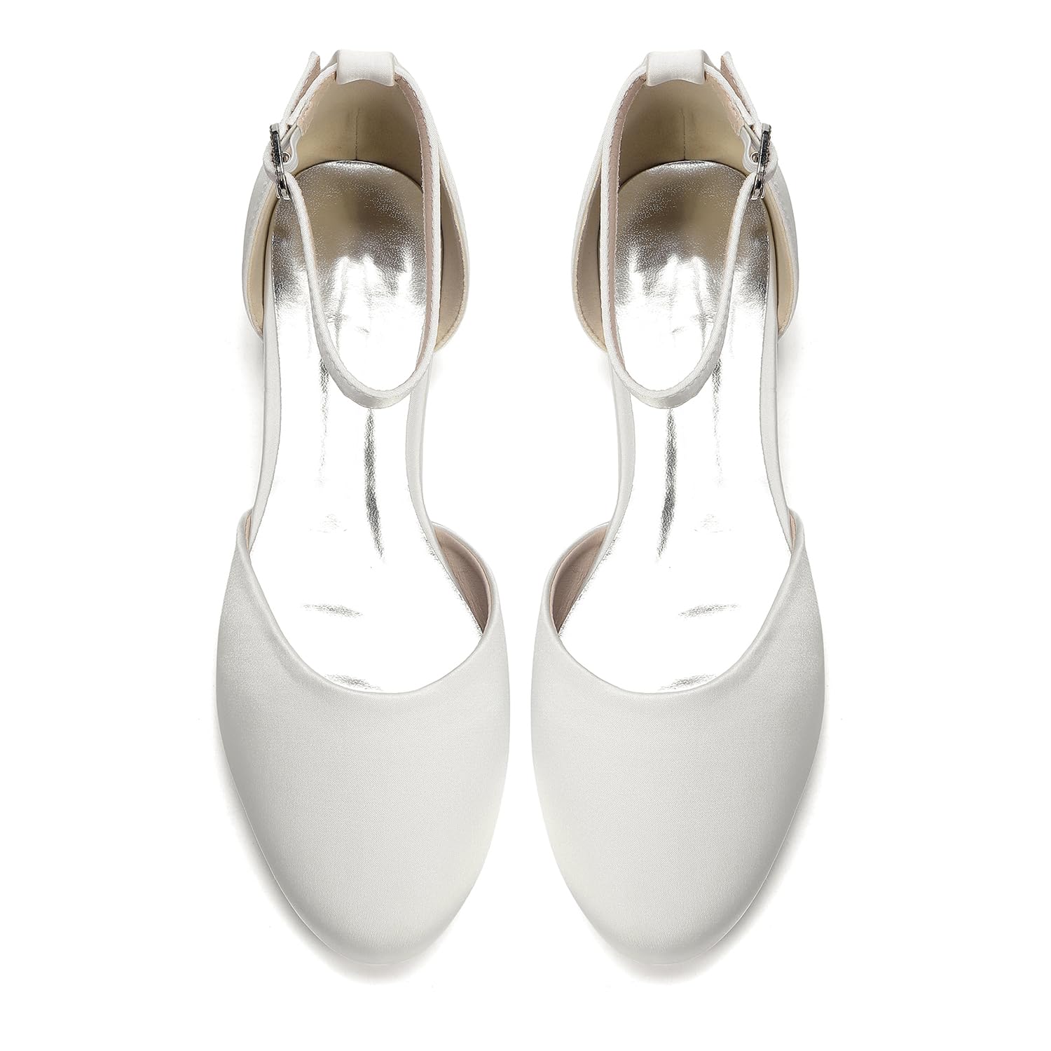 Ballerine Mary Jane in Raso Bianco Donna, Scarpe da Sposa a Punta Tonda con Cinturino alla Caviglia e Taglio D'Orsay, Eleganti Scarpe Basse da Cerimonia