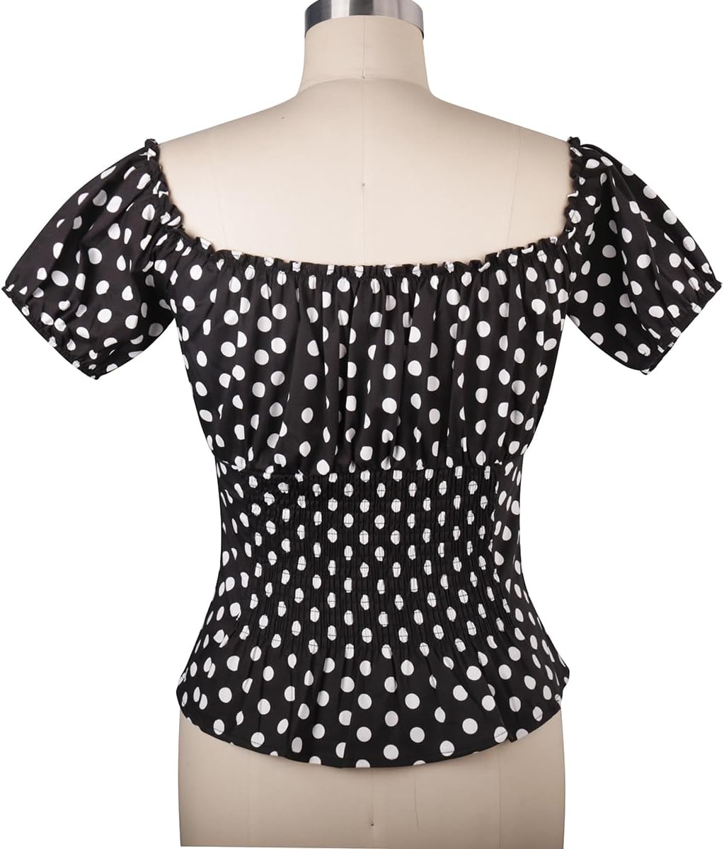 YARN & INK Women's 1950s Vintage Pinup Tops, Back Elastic Waist Cute Rockabilly Off Shoulder Shirt, Short Sleeves Blouse - Image 2