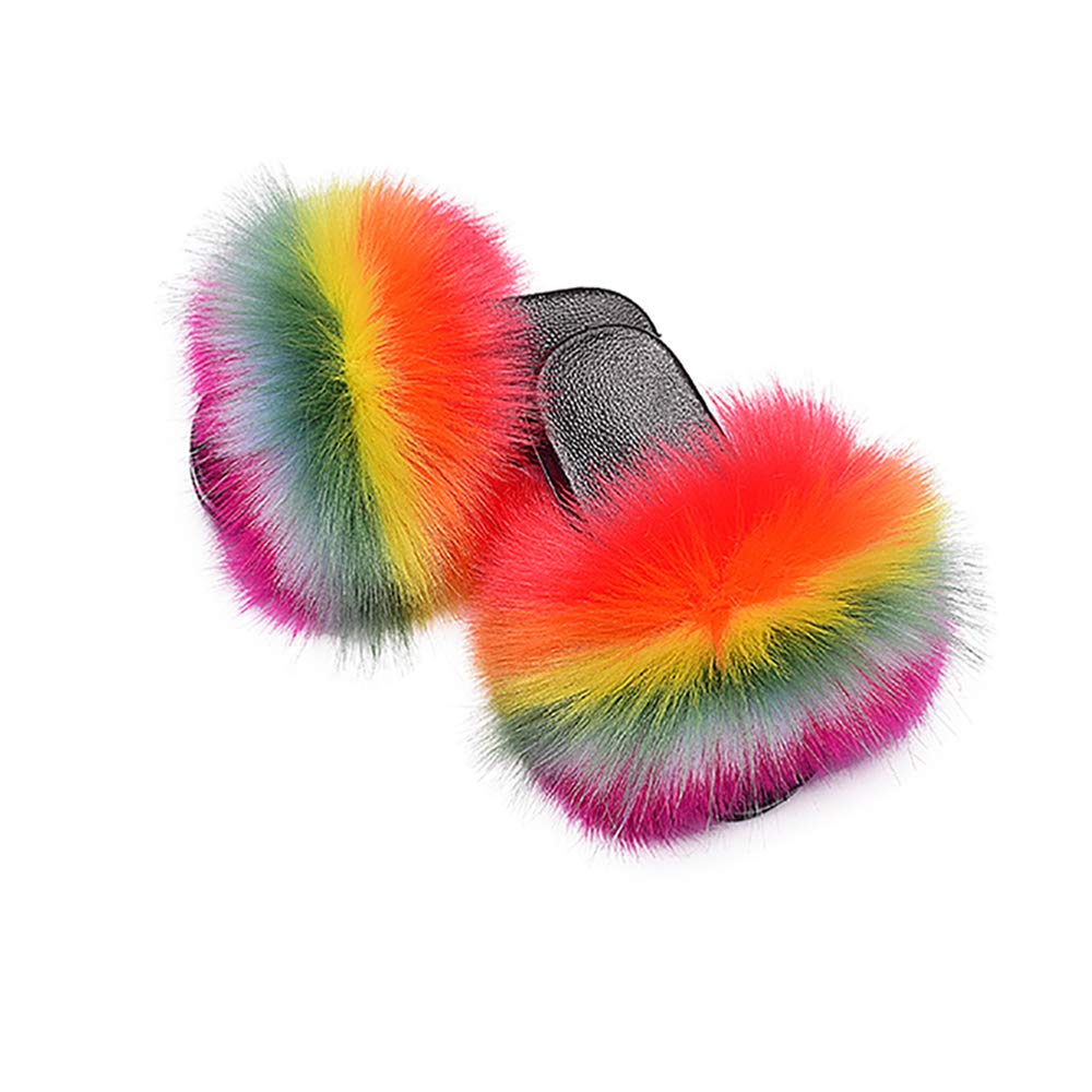 Auhoho Girls Summer Colorful Faux Fur Slippers Indoor Outdoor Slides Furry Sandals Shoes