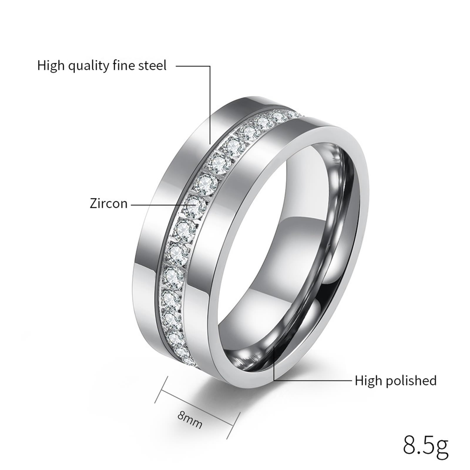 Wycian Bague de Mariage pour Femme, Alliance Couple Titane 2 Pezzi Acier Inoxydable Bague en Argent 8 mm avec Zircone Taille Femme 54 Homme 54