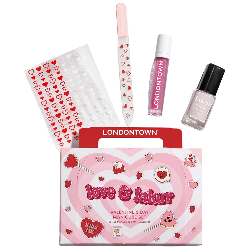 LONDONTOWN Love & lakur Manicure Set – Nail Polish Kit with Sheer Light Pink Nail Polish (Invisible Crown), Glass Nail File, Nail Decal Stickers, and Cuticle Oil for Nail Care