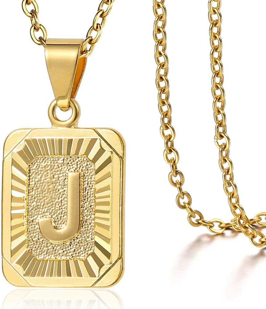 Trendsmax Rectangle Initial Letter Pendant Charm for Mens Womens Gold Plated Capital Letter Pendant Necklace Rolo Chain 18inch