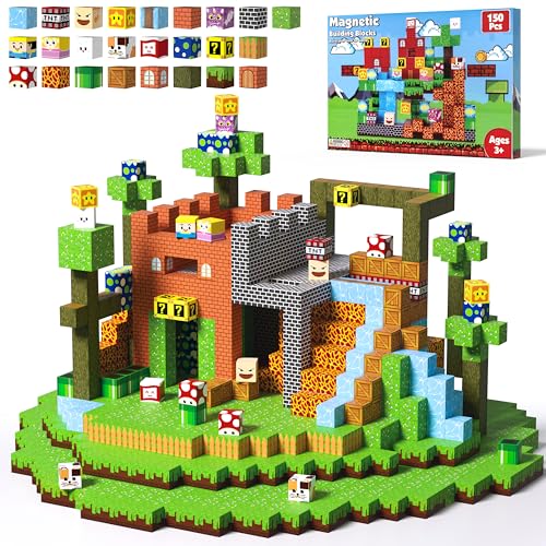 Magnetic Blocks - 150 PCS Magnets Game-Based Building Block for Ages 3,4,5,6,7,8,9,10,11 Kids Birthday Toy Sets Present, Stacking Cubes Construction Gift for Toddlers Boys & Girls, Castles and Dragon