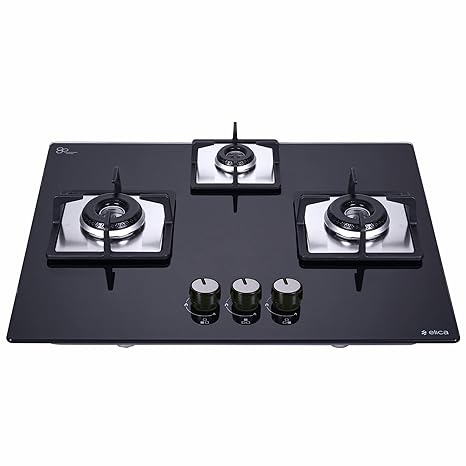 Elica Hob 3 Italian Burner Auto Ignition Glass Top - 2 Medium Lotus and 1 Small Lotus Burner Gas Stove (Flexi HCT 360 DX Lotus BK), Black